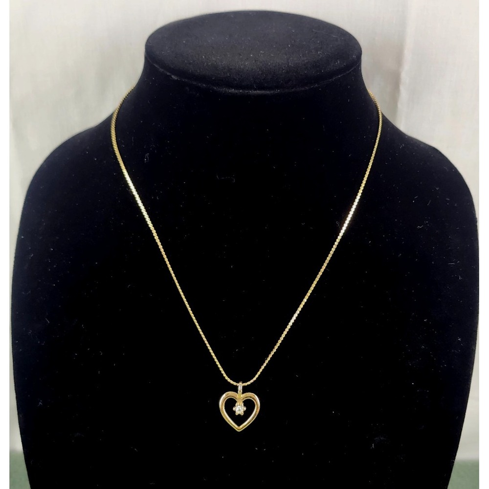 Gold Tone Open‎ Heart Pendant Necklace Clear Crystal Center Korea 18 Inch Chain